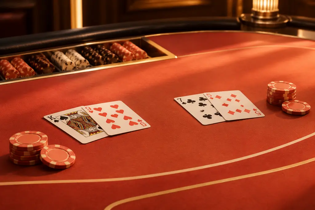 Meja baccarat dengan dua kelompok kartu dan keping