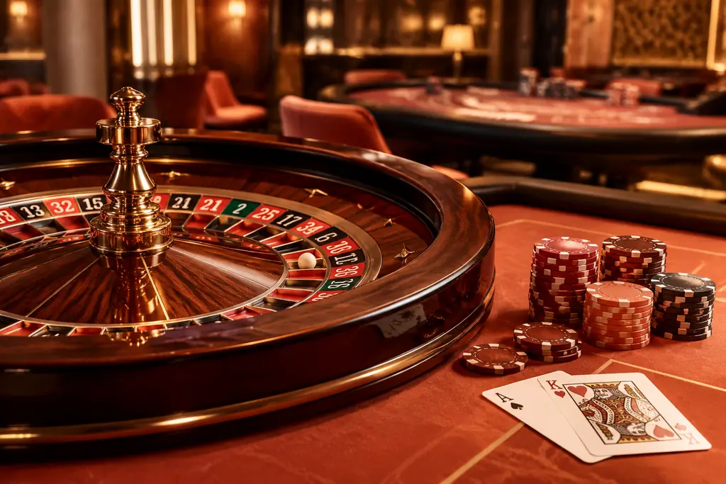 Meja roulette dan kartu kasino dengan keping permainan dalam pencahayaan koral hangat