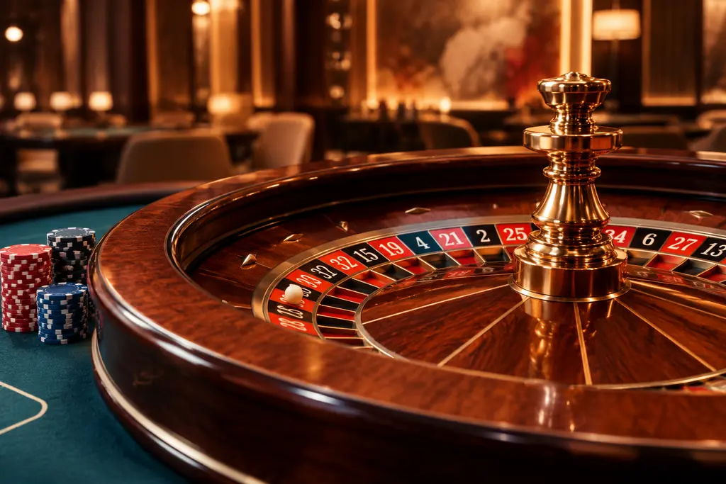 Roda roulette dan bola kecil di tepi meja kasino