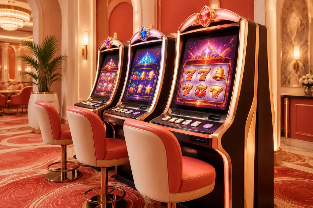 Mesin slot dengan cahaya lembut di ruang kasino